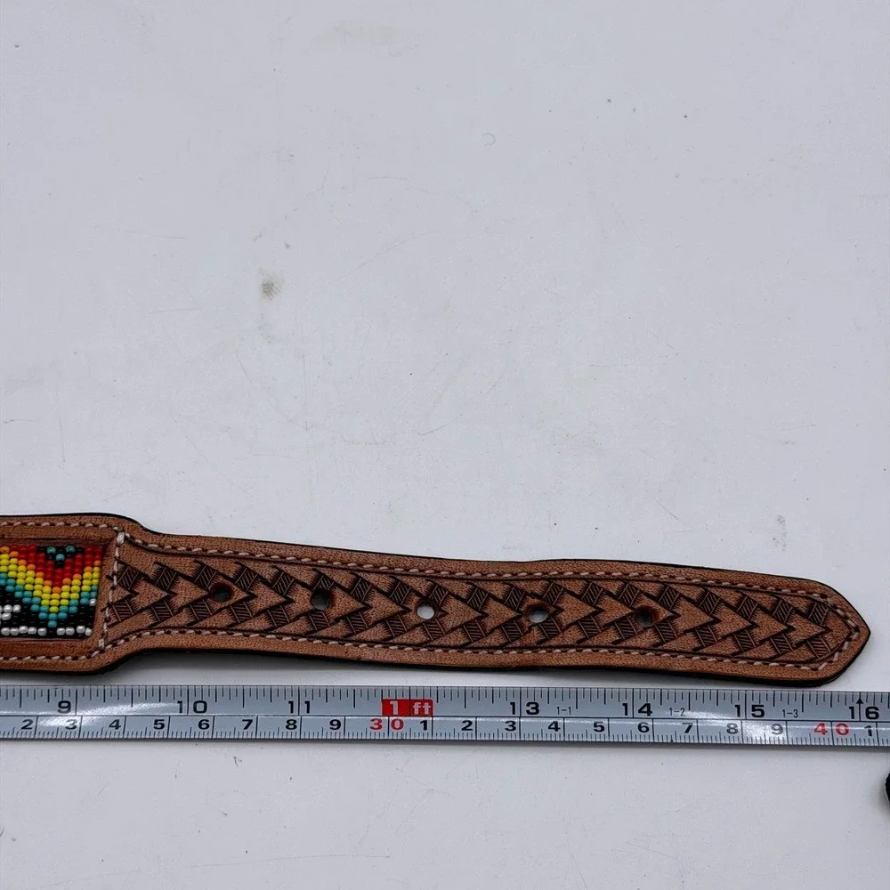 Myra Bag Southwestern Beaded Leather Dog Collar Brown Basketweave Small 10-14in